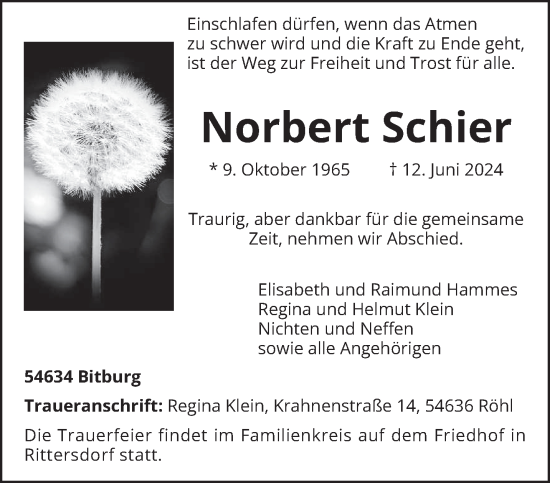 Traueranzeige von Norbert Schier von trierischer_volksfreund