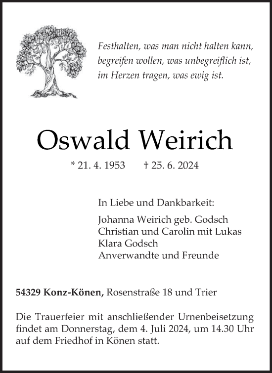 Traueranzeige von Oswald Weirich von trierischer_volksfreund