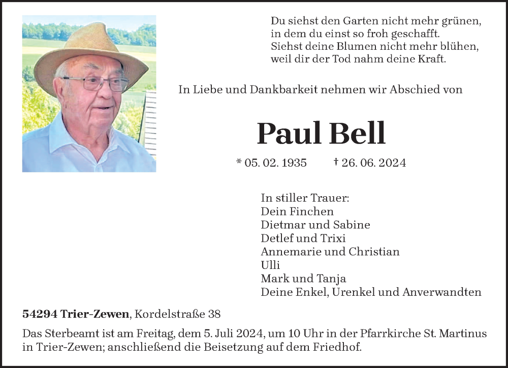  Traueranzeige für Paul Bell vom 29.06.2024 aus trierischer_volksfreund