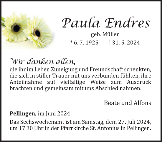 Traueranzeige von Paula Endres von trierischer_volksfreund