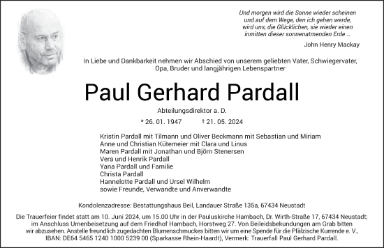 Traueranzeige von Paul Gerhard Pardall von trierischer_volksfreund