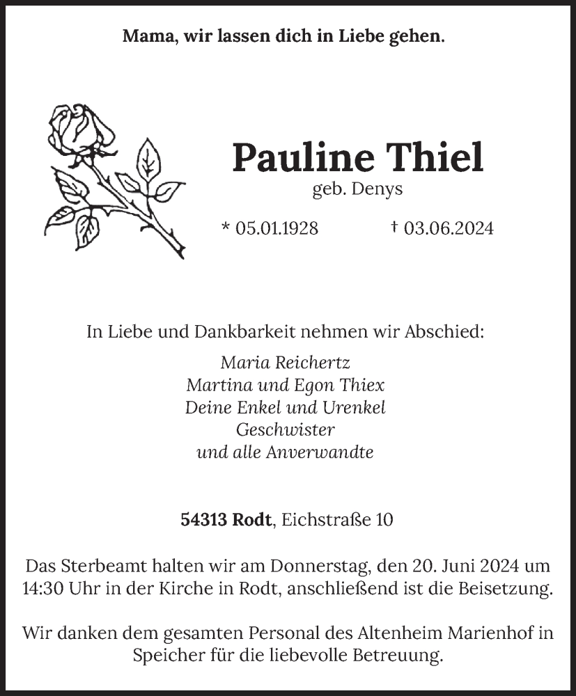  Traueranzeige für Pauline Thiel vom 15.06.2024 aus trierischer_volksfreund