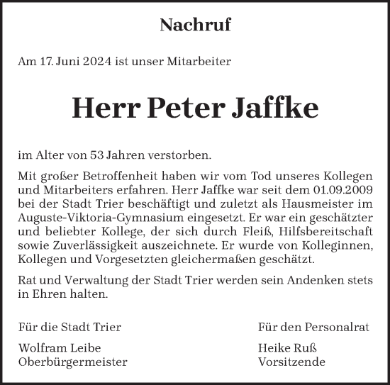 Traueranzeige von Peter Jaffke von trierischer_volksfreund