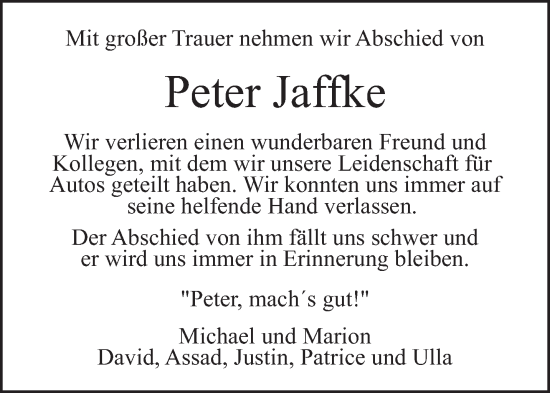 Traueranzeige von Peter Jaffke von trierischer_volksfreund