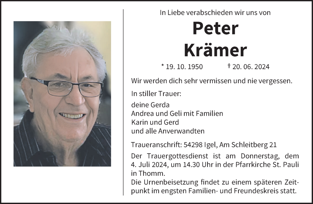  Traueranzeige für Peter Krämer vom 29.06.2024 aus trierischer_volksfreund