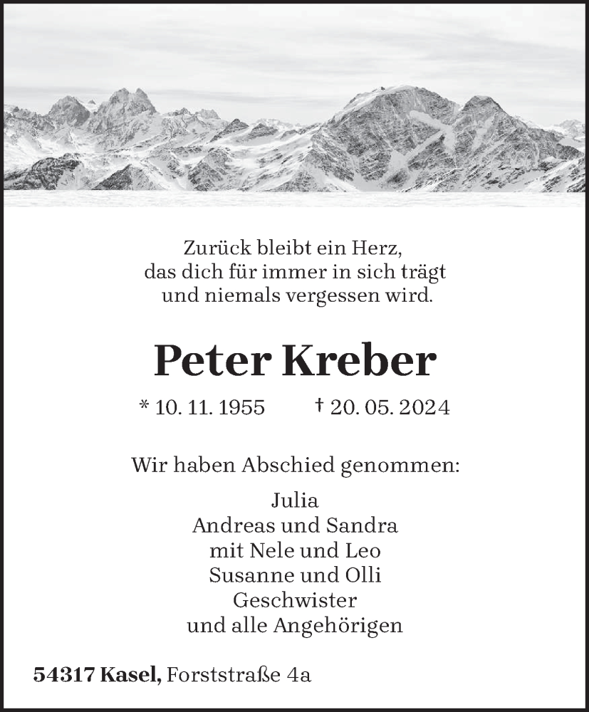  Traueranzeige für Peter Kreber vom 01.06.2024 aus trierischer_volksfreund