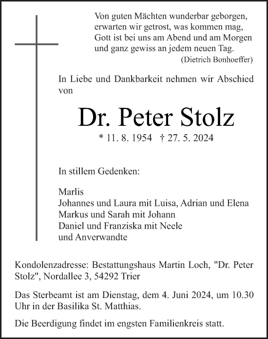 Traueranzeige von Peter Stolz von trierischer_volksfreund