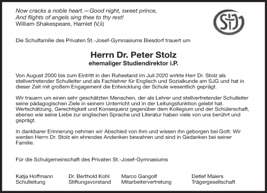 Traueranzeige von Peter Stolz von trierischer_volksfreund