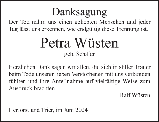 Traueranzeige von Petra Wüsten von trierischer_volksfreund