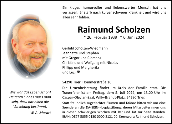 Traueranzeige von Raimund Scholzen von trierischer_volksfreund