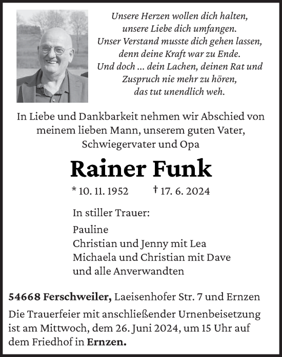 Traueranzeige von Rainer Funk von trierischer_volksfreund