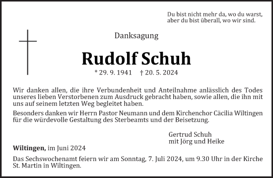 Traueranzeige von Rudolf Schuh von trierischer_volksfreund