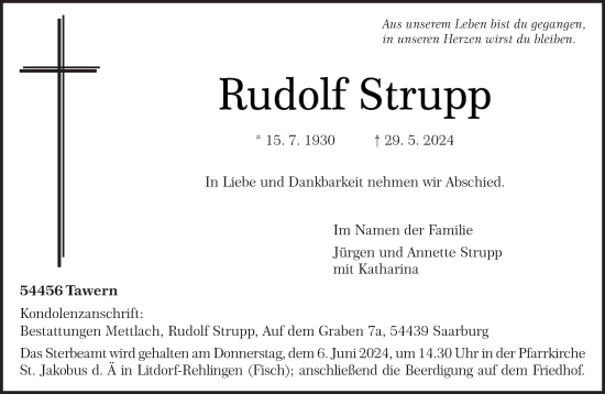 Traueranzeige von Rudolf Strupp von trierischer_volksfreund