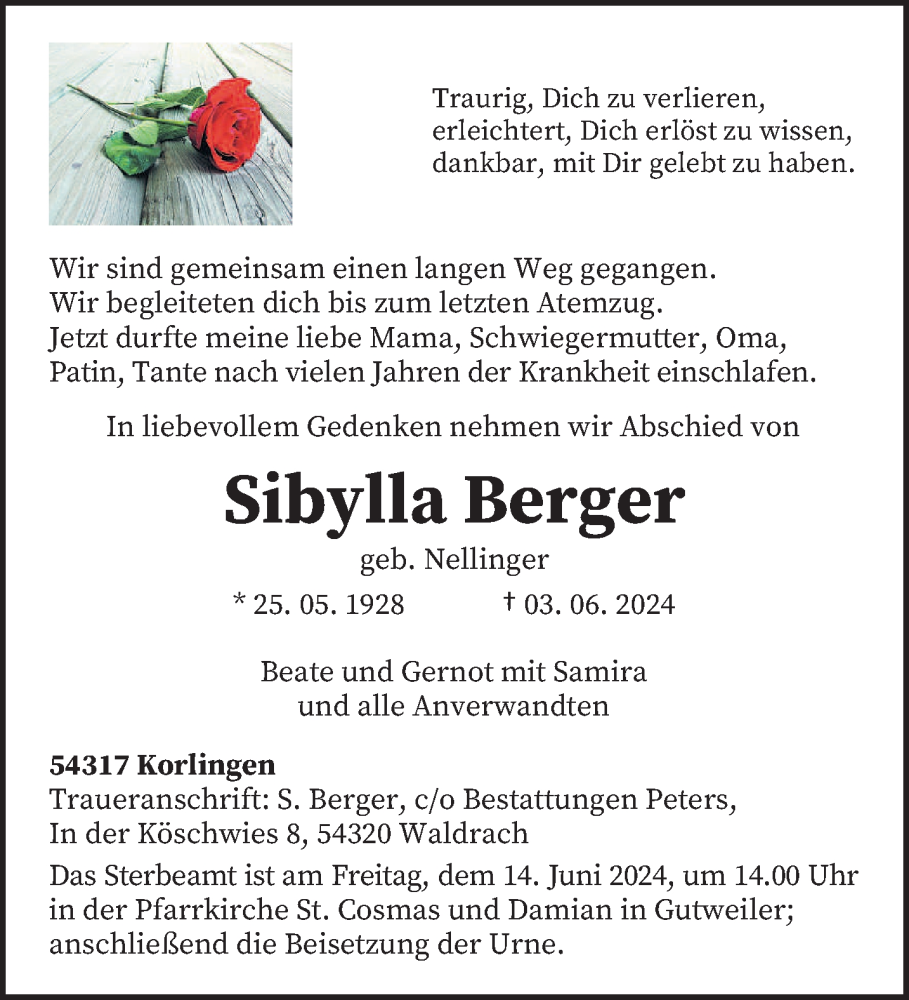  Traueranzeige für Sibylla Berger vom 08.06.2024 aus trierischer_volksfreund