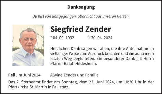 Traueranzeige von Siegfried Zender von trierischer_volksfreund