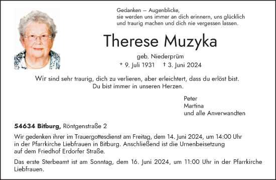 Traueranzeige von Therese Muzyka von trierischer_volksfreund