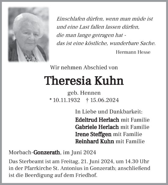 Traueranzeige von Theresia Kuhn von trierischer_volksfreund