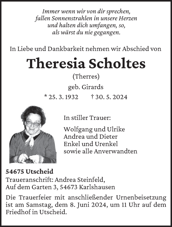 Traueranzeige von Theresia Scholtes von trierischer_volksfreund