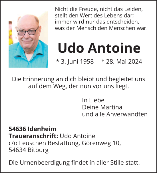 Traueranzeige von Udo Antoine von trierischer_volksfreund