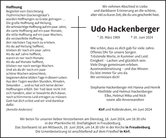 Traueranzeige von Udo Hackenberger von trierischer_volksfreund
