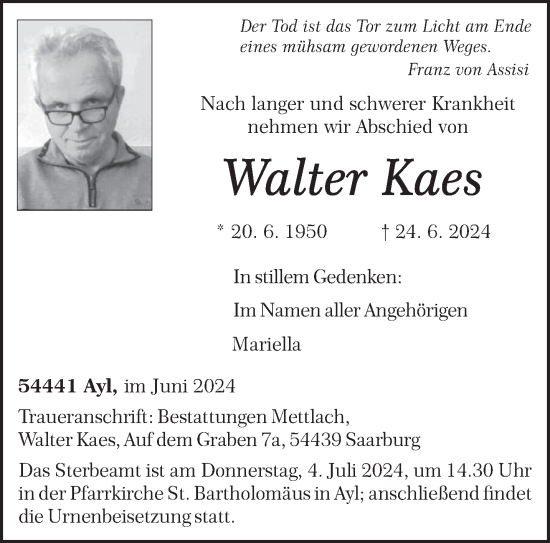 Traueranzeige von Walter Kaes von trierischer_volksfreund