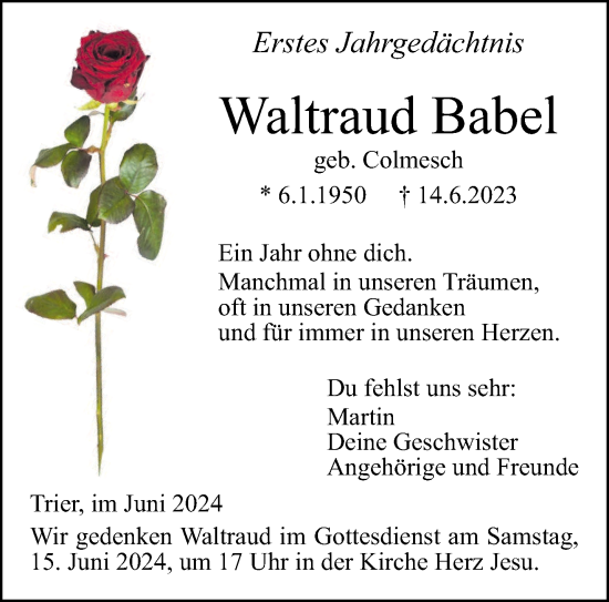 Traueranzeige von Waltraud Babel von trierischer_volksfreund