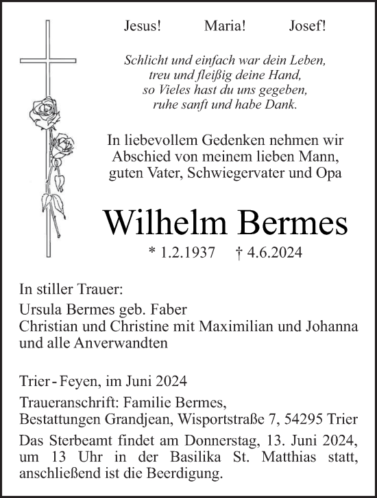 Traueranzeige von Wilhelm Bermes von trierischer_volksfreund