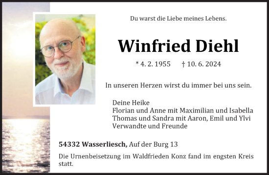 Traueranzeige von Winfried Diehl von trierischer_volksfreund