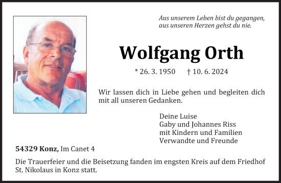 Traueranzeige von Wolfgang Orth von trierischer_volksfreund