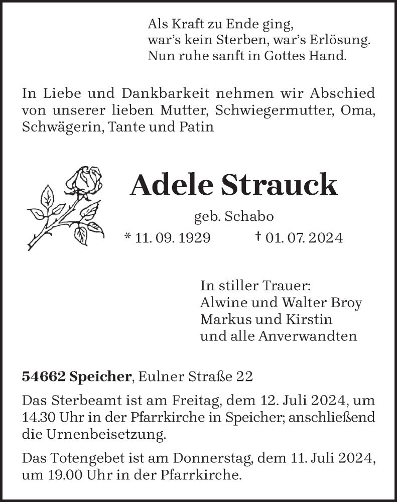  Traueranzeige für Adele Strauck vom 06.07.2024 aus trierischer_volksfreund