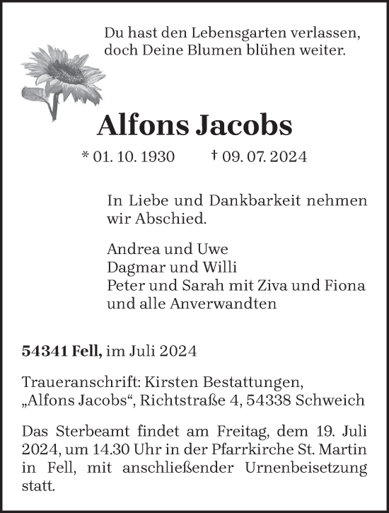 Traueranzeige von Alfons Jacobs von trierischer_volksfreund