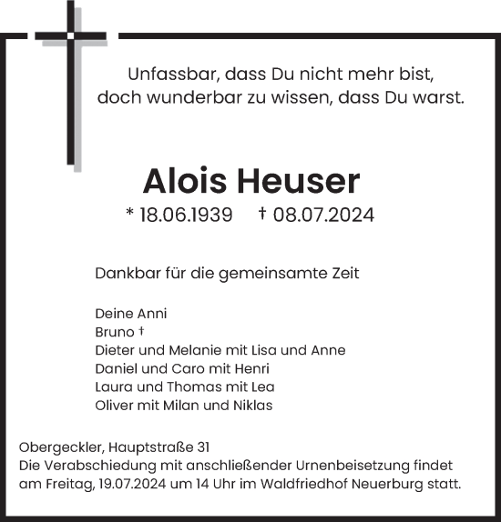 Traueranzeige von Alois Heuser von trierischer_volksfreund