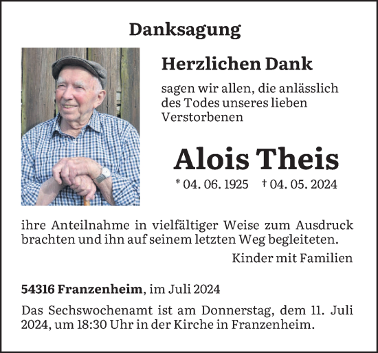 Traueranzeige von Alois Theis von trierischer_volksfreund