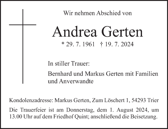 Traueranzeige von Andrea Gerten von trierischer_volksfreund