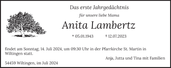Traueranzeige von Anita Lambertz von trierischer_volksfreund