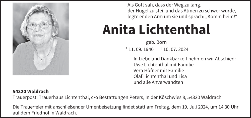  Traueranzeige für Anita Lichtenthal vom 17.07.2024 aus trierischer_volksfreund