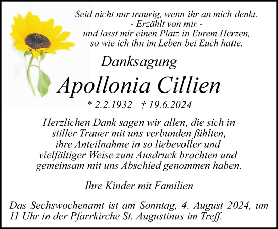 Traueranzeige von Apollonia Cillien von trierischer_volksfreund