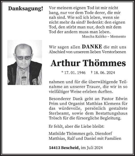 Traueranzeige von Arthur Thömmes von trierischer_volksfreund