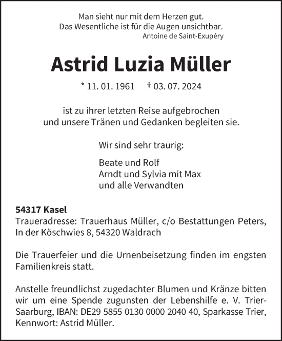 Traueranzeige von Astrid Luzia Müller von trierischer_volksfreund