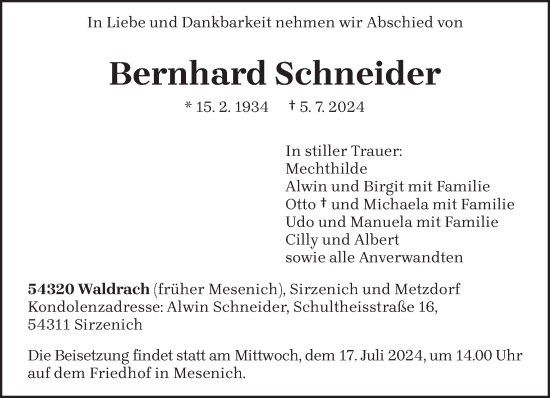 Traueranzeige von Bernhard Schneider von trierischer_volksfreund