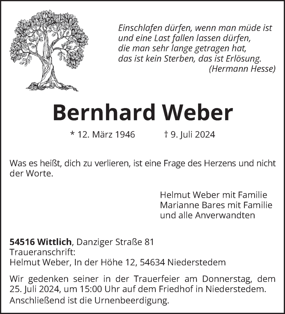  Traueranzeige für Bernhard Weber vom 13.07.2024 aus trierischer_volksfreund