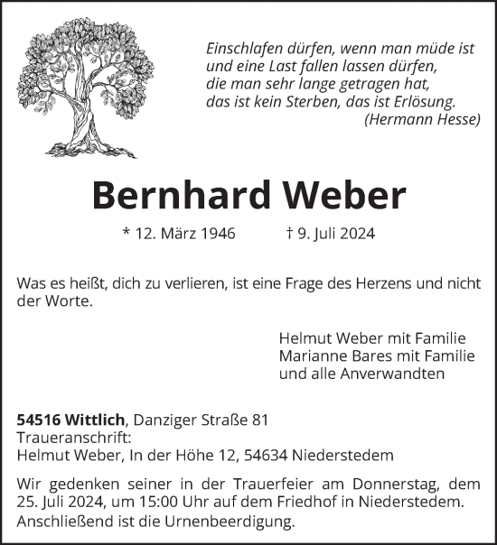 Traueranzeige von Bernhard Weber von trierischer_volksfreund