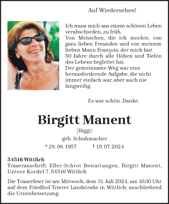 Traueranzeige von Birgitt Manent von trierischer_volksfreund