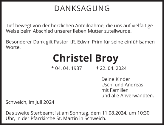 Traueranzeige von Christel Broy von trierischer_volksfreund