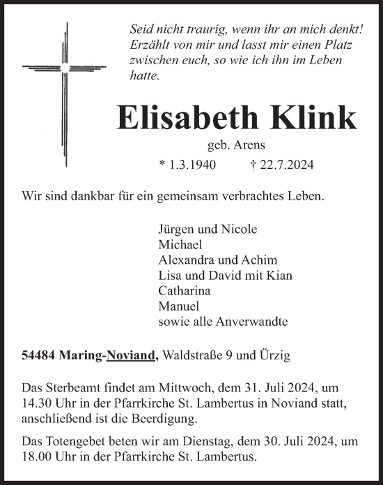 Traueranzeige von Elisabeth Klink von trierischer_volksfreund