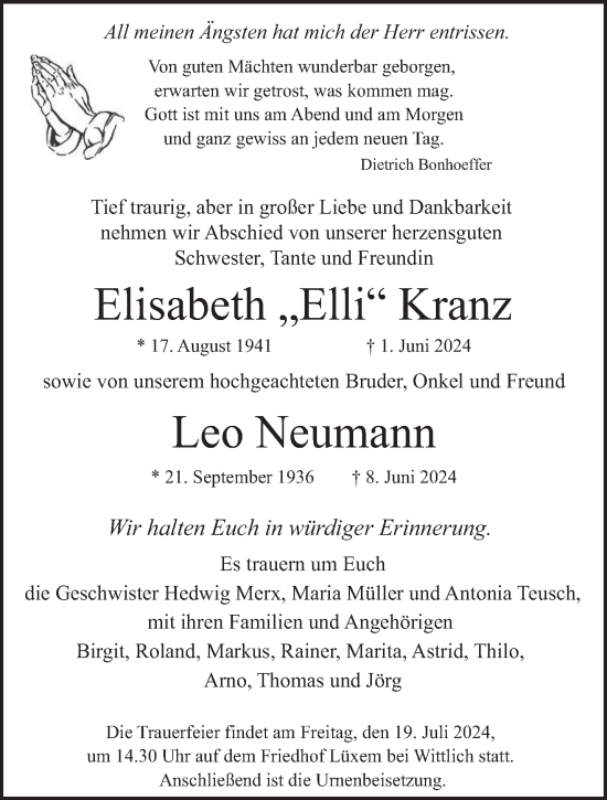 Traueranzeige von Elisabeth Kranz und Leo Neumann von trierischer_volksfreund