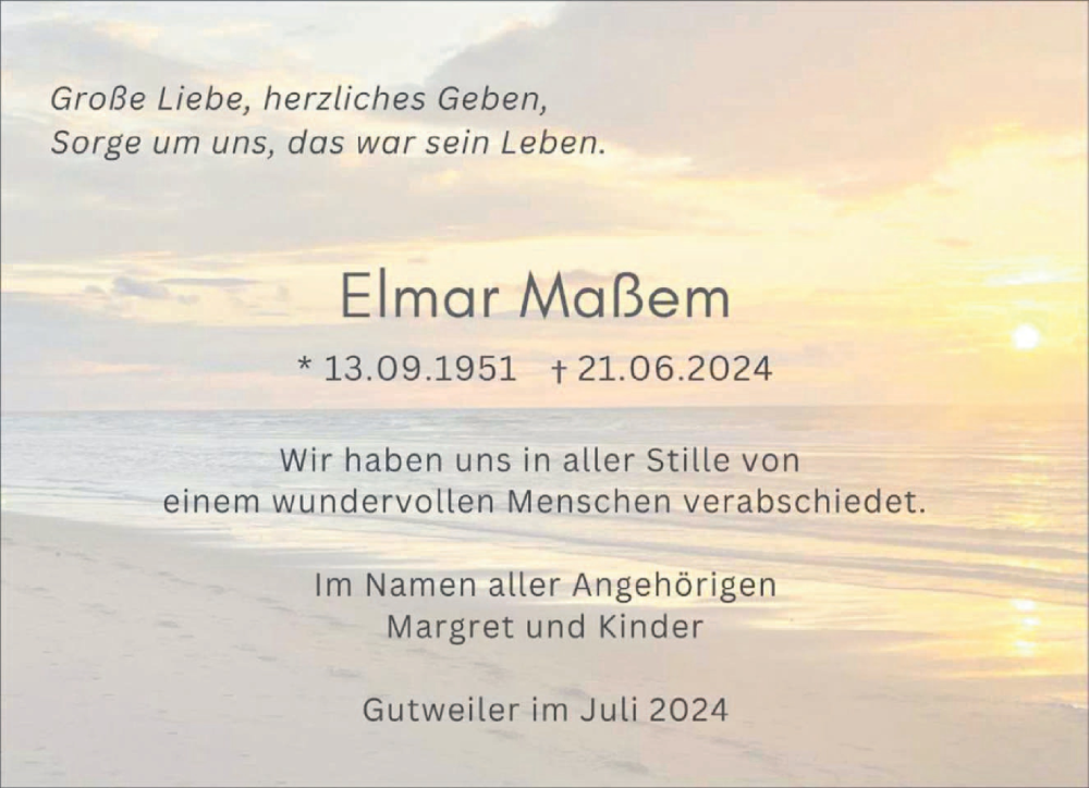  Traueranzeige für Elmar Maßem vom 06.07.2024 aus trierischer_volksfreund