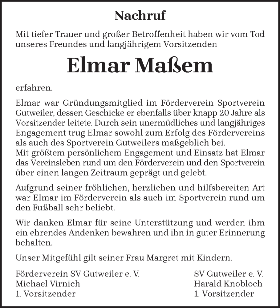  Traueranzeige für Elmar Maßem vom 06.07.2024 aus trierischer_volksfreund