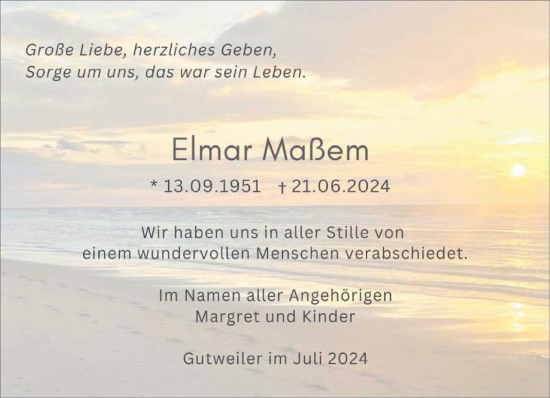 Traueranzeige von Elmar Maßem von trierischer_volksfreund