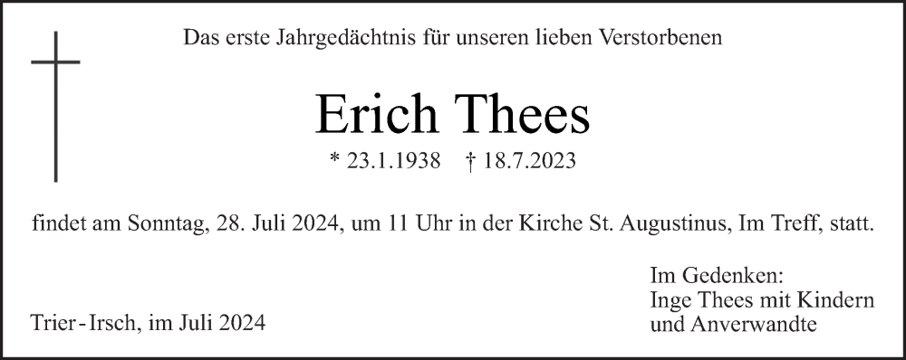  Traueranzeige für Erich Thees vom 24.07.2024 aus trierischer_volksfreund